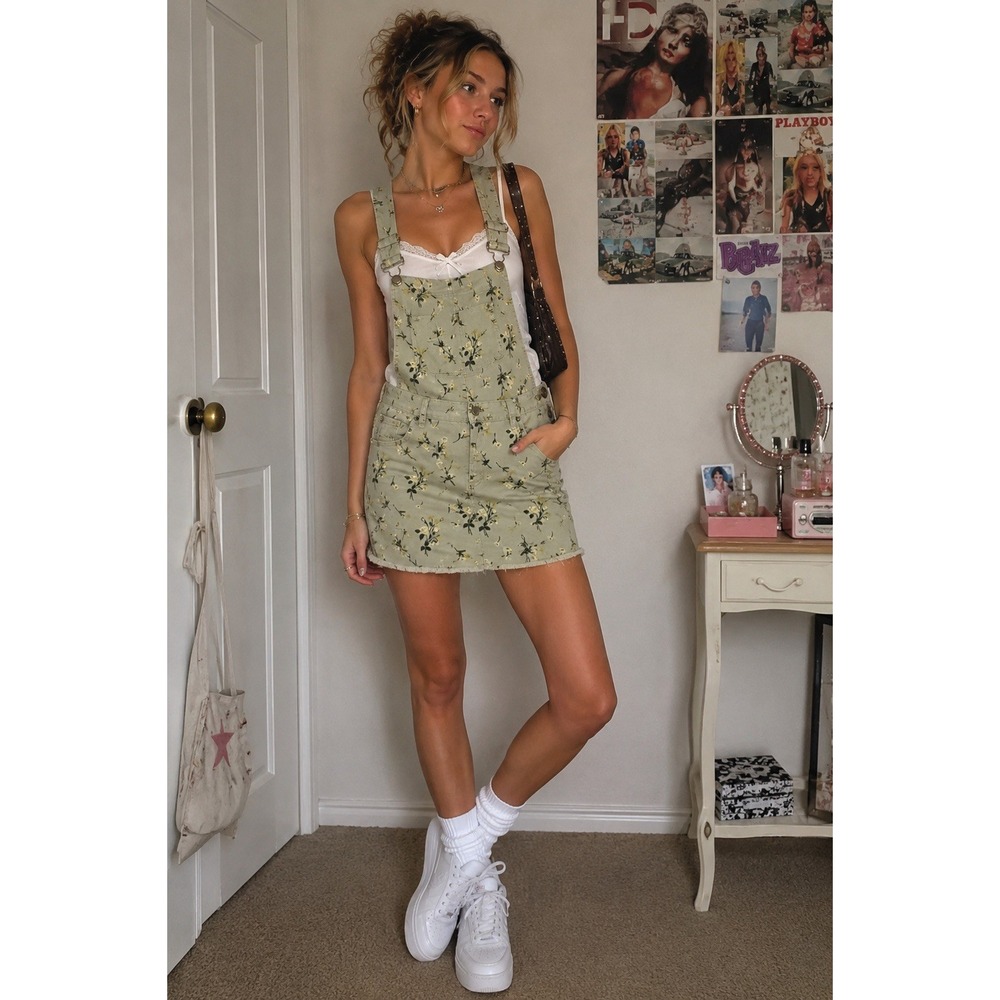 Y2K Mini Green Floral Overall Romper One-Piece Sleeveless Buckle Pockets